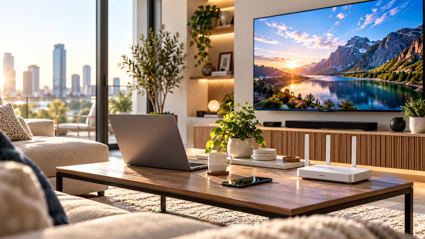 Premium television and connectivity setup in a contemporary living room