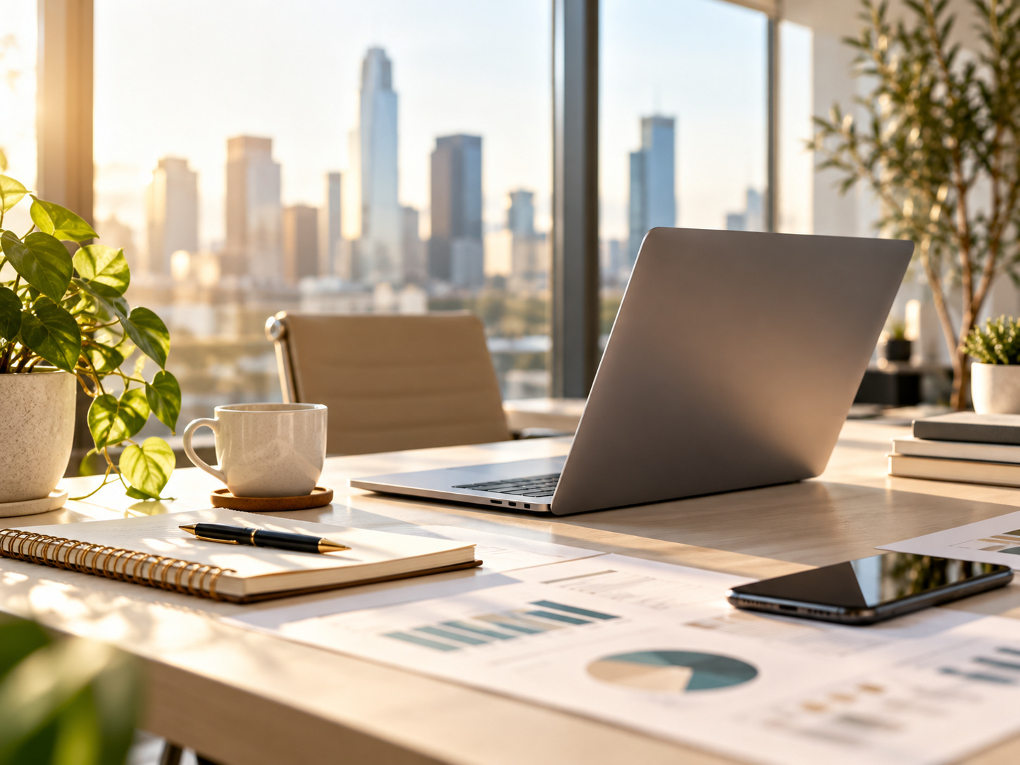 High-resolution sunlit office workspace for Trail Breaker communication and marketing